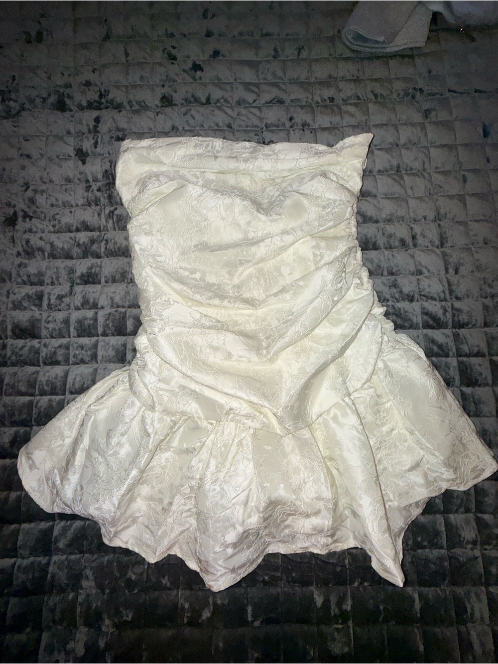 Peppermayo Ivory Strapless Ruched Peplum Mini Dress